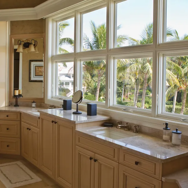 Casement windows above a kitchen counter