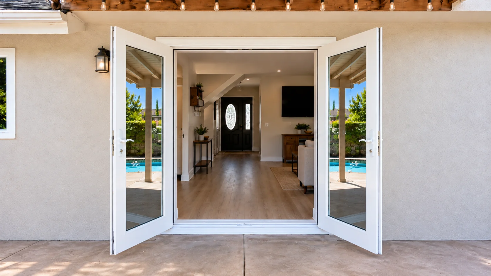 White French doors open from a covered patio into the home